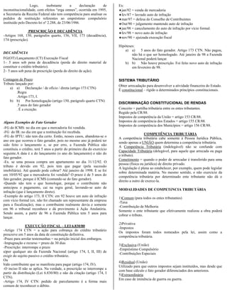 Logo,       inobstante      a     declaração    de      Ex:
inconstitucionalidade, com efeitos “erga omnes”, ocorrida em 1995,        ♦jan/92 = venda de mercadoria
a Secretaria da Receita Federal não tem competência para analisar os      ♦fev/87 = lavrado auto de infração
pedidos de restituição referentes ao empréstimo compulsório               ♦mar/97 = defesa do Conselho de Contribuintes
instituído pelo Decreto-lei nº 2.288, de 23/06/1986.                      ♦Out/90 = julgamento mantendo auto de infração
                                                                          ♦jan/98 = cancelamento do auto de infração por vício formal.
                 PRESCRIÇÃO E DECADÊNCIA                                  ♦fev/98 = novo auto de infração
-Artigos 168, 150, parágrafos quarto, 156, VII, 173 (decadência),
                                                                          ♦nov/90 = ajuizada execução fiscal
174 (prescrição).
                                                                          Hipóteses:
                                                                              a) a)    5 anos do fato gerador. Artigo 173 CTN. Não pagou,
DECADÊNCIA                                                                        não há o que ser homologado. Até janeiro de 98 a Fazenda
FG(OT) Lançamento (CT) Execução Fiscal                                            Nacional poderá lançar.
1– 5 anos sob pena de decadência (perda do direito material de                b) b)    Não houve prescrição. Foi feito novo auto de infração
constituir o crédito tributário).                                                 em fevereiro de 98.
2– 5 anos sob pena de prescrição (perda do direito de ação).

Contagem de Prazo:                                                        SISTEMA TRIBUTÁRIO
Tributo lançado por:
                                                                          Obter arrecadação para desenvolver a atividade financeira do Estado.
    a) a) Declaração / de ofício / direta (artigo 173 CTN)
                                                                          É constitucional – rígido a determinados princípios constitucionais.
         .Regra
         .Artigo 173, I.
    b) b)       Por homologação (artigo 150, parágrafo quarto CTN)
                                                                          DISCRIMINAÇÃO CONSTITUCIONAL DE RENDAS
         .5 anos do fato gerador
         . É a exceção.                                                   Conceito = partilha tributária entre os entes tributantes.
                                                                          Regido pela CR/88.
                                                                          Impostos de competência da União = artigo 153 CR/88.
Alguns Exemplos de Fato Gerador                                           Impostos de competência dos Estados = artigo 155 CR/88.
                                                                          Impostos de competência dos Municípios = artigo 156 CR/88.
-FG do ICMS: no dia em que a mercadoria foi vendida.
-FG do IR: no dia em que a restituição foi recebida.
                                                                                            COMPETÊNCIA TRIBUTÁRIA
-FG do IPTU: não tem dia certo. Então, nesses casos, abandona-se o
                                                                          A competência tributária cabe somente à Pessoa Jurídica Pública,
ano em que ocorreu o fato gerador, pois no mesmo ano já poderá ter
                                                                          sendo apenas a UNIÃO quem determina a competência tributária.
sido feito o lançamento e, se por erro, a Fazenda Pública não
                                                                          A Competência Tributária (indelegável) não se confunde com
constituiu o crédito, terá 5 anos a partir do primeiro dia do exercício
                                                                          Capacidade Tributária (delegável, para aquele que arrecada ou paga
seguinte.A data é a do lançamento (o ano do lançamento) e não do
                                                                          o tributo).
fato gerador.
                                                                          Cometimento = quando o poder de arrecadar é transferido para uma
-Ex. se uma pessoa compra um apartamento no dia 31/12/92. O
                                                                          pessoa (física ou jurídica) de direito privado.
tributo é devido em 92, pois tem que pagar (pela sucessão
                                                                          A legislação é plena ao estabelecer, por exemplo, quem pode legislar
imobiliária). Até quando pode cobrar? Até janeiro de 1998. E se foi
                                                                          sobre determinada matéria. No mesmo sentido, o não exercício da
em 10/05/92 que a mercadoria foi vendida? O prazo é de 5 anos do
                                                                          competência tributária por determinado ente tributante não dá o
fato gerador, porque é ICMS (contando-se do fato gerador).
                                                                          direito a outro de exerce-la.
-Quando não tem o que homologar, porque o contribuinte não
antecipou o pagamento, cai na regra geral, lavrando-se auto de
                                                                          MODALIDADES DE COMPETêNCIA TRIBUTÁRIA
infração (que é lançamento direto).
-Exemplo do artigo 173, II CTN: em 92 houve um auto de infração
                                                                          1)Comum (para todos os entes tributantes)
com vício formal (ex. não foi chamado um representante da empresa
                                                                          -Taxa
para a fiscalização), mas o contribuinte realmente devia e somente
                                                                          -Contribuição de Melhoria
em 96 o tribunal reconhece e dá provimento à Ação Anulatória.
                                                                          Somente o ente tributante que efetivamente realizou a obra poderá
Sendo assim, a partir de 96 a Fazenda Pública tem 5 anos para
                                                                          cobrar o tributo.
lançar.
                                                                          2)Privativa
                EXECUÇÃO FISCAL – LEI 6.830/80
                                                                          -Impostos
-Artigo 174 CTN = a ação para cobrança do crédito tributário
                                                                          Os impostos foram todos nomeados pela lei, assim como a
prescreve em 5 anos da data de constituição definitiva.
                                                                          competência tributária.
-Prazo para arrolar testemunhas = na petição inicial dos embargos.
-Impugnação e recurso = prazo de 30 dias
                                                                          3)Exclusiva (União)
-Prescrição: interrompe o prazo
                                                                          -Empréstimo Compulsório
a)por qualquer ato da Fazenda Nacional (artigo 174, I, II, III) de
                                                                          -Contribuições Especiais
exigir do sujeito passivo o crédito tributário.
Ou
                                                                          4)Residual (União)
b)do contribuinte que se manifesta para pagar (artigo 174, IV).
                                                                          Utilizado para que outros impostos sejam instituídos, mas desde que
-O inciso II não se aplica. Na verdade, a prescrição se interrompe a
                                                                          com base cálculo e fato gerador diferenciados dos anteriores.
partir da distribuição (Lei 6.830/80) e não da citação (artigo 174, I
                                                                          5)Extraordinária
CTN).
                                                                          Em caso de iminência de guerra ou guerra.
-Artigo 174, IV CTN: pedido de parcelamento é a forma mais
comum de reconhecer o débito.
 