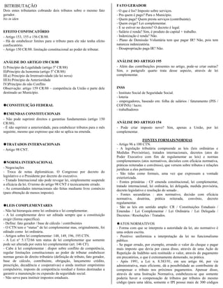 BITRIBUTAÇÃO                                                               FATO GERADOR
Dois entes tributantes cobrando dois tributos sobre o mesmo fato           - O que é Iss? Imposto sobre serviços.
gerador.                                                                   - Pra quem é pago? Para o Município.
bis in iden                                                                - Quem paga? Quem presta serviços (contribuinte).
                                                                           - Quem exige? Lei complementar.
                                                                           - E se estiver no decreto? O decreto é legal.
EFEITO CONFISCATÓRIO                                                       - Salário é renda? Sim, é produto do capital + trabalho.
- Artigo 153, 155 e 156 CR/88.                                             - Indenização é renda? Não.
- Há de estabelecer limites para o tributo para ele não tenha efeito       - Plano de Demissão Voluntária tem que pagar IR? Não, pois tem
confiscatório.                                                             natureza indenizatória.
- Artigo 150 CR/88: limitação constitucional ao poder de tributar.         - Desapropriação paga IR? Não.


ANÁLISE DO ARTIGO 150 CR/88                                                ANÁLISE DO ARTIGO 195
I) Princípio da Legalidade (artigo 5o CR/88)                               - Além das contribuições presentes no artigo, pode-se criar outras?
II)Princípio da Isonomia (artigo 5o CR/88)                                 Sim, o parágrafo quarto trata desse aspecto, através de lei
III.a) Princípio da Irretroatividade (de lei nova)                         complementar.
III.b) Princípio da Anterioridade
IV)Princípio do não Conflito
Observação: artigo 159 CR/88 – competência da União e parte dele           INSS
destinado ao Município.                                                    - Instituto Social de Seguridade Social.
                                                                           - loteria
                                                                           - empregadores, baseado em: folha de salários / faturamento (PIS /
  CONSTITUIÇÃO FEDERAL                                                     COFINS) / lucro.
                                                                           - trabalhadores
  EMENDAS CONSTITUCIONAIS
- Não pode suprimir direitos e garantias fundamentais (artigo 150
CR/88).                                                                    ANÁLISE DO ARTIGO 154
- É não suprimir a anterioridade, para estabelecer tributos para o mês     - Pode criar imposto novo? Sim, apenas a União, por lei
seguinte, mesmo que expresso que não se aplica na emenda.                  complementar.

                                                                                              FONTES FORMAIS/NORMAS
  TRATADOS INTERNACIONAIS                                                  - Artigo 96 a 100 CTN.
- Artigo 98 CNT.                                                           - A legislação tributária compreende as leis (leis ordinárias e
                                                                           Medidas Provisórias), tratados internacionais, decretos (atos do
                                                                           Poder Executivo com fim de regulamentar as leis) e normas
  NORMA INTERNACIONAL                                                      complementares (atos normativos, decisões com eficácia normativa,
                                                                           práticas reiteradas e convênios), que versem sobre tributos e relações
- Negociações                                                              jurídicas a eles pertinente.
- Troca de notas diplomáticas. O Congresso por decreto do                  - São tidas como formais, uma vez que expressam a vontade
legislativo e o Presidente por decreto do executivo.                       exteriorizada.
- Tratado Internacional não pode revogar lei, simplesmente suspende        - Fontes primárias : CF emenda constitucional, lei complementar,
a eficácia da lei. O termo do artigo 98 CNT é tecnicamente errado.         tratado internacional, lei ordinária, lei delegada, medida provisória,
- As comunidades internacionais são feitas mediante livre comércio         decreto legislativo e resolução do senado .
(para obtenção de menos imposto).                                          - Fontes secundárias : atos normativo, decisão com eficácia
                                                                           normativa, doutrina, prática reiterada, convênio, decreto
                                                                           regulamentar.
  LEIS COMPLEMENTARES                                                      - São as leis em sentido amplo: CR / Constituições Estaduais /
- Não há hierarquia entre lei ordinária e lei complementar.                Emendas / Lei Complementar / Lei Ordinária / Lei Delegada /
- A lei complementar deve ser editada sempre que a constituição            Decretos / Resoluções / Tratados.
exigir (forma específica).
- Define: fato gerador / base de cálculo / contribuintes                      ATOS NORMATIVOS
- O CTN tem o “status” de lei complementar mas, originalmente, foi         - Forma com que se interpreta a autoridade da lei, ato normativo é
editado como lei ordinária.                                                uma ordem escrita.
- Artigos sobre lei complementar: 148, 149, 196, 195 CTN.                  - Positivo: uniformiza a interpretação da lei no funcionalismo
- A Lei n° 5.172/66 tem status de lei complementar que somente             público.
pode ser alterada por outra lei complementar (art. 146 CF).                - Se pagar errado, por exemplo, errando o valor do cheque e pagar
- Cabe à lei complementar : dispor sobre conflito de competência,          mais imposto que devia por causa disso, através de uma Ação de
regular limitações constitucionais ao poder de tributar estabelecer        Repetição de Indébito será restituído o valor, através do pagamento
normas gerais de direito tributário (definição de tributo, fato gerador,   em precatórios, o que é extremamente demorado, na prática.
base de cálculo, contribuinte, obrigação, lançamento crédito,              - Após 1991, a Lei n. 8.383/91, em seu artigo 66, por via
prescrição, decadência e cooperativas) e ainda instituir empréstimo        administrativa, mais eficiente, dá a possibilidade ao contribuinte de
compulsório, imposto de competência residual e fontes destinadas a         compensar o tributo nos próximos pagamentos. Apensar disso,
garantir a manutenção ou expansão da seguridade social.                    através de uma Instrução Normativa, estabeleceu-se que somente
- Não serve para instituir impostos estaduais.                             poderia haver a compensação de tributos par tributos do mesmo
                                                                           código (para uma idéia, somente o IPI possui mais de 300 códigos
 