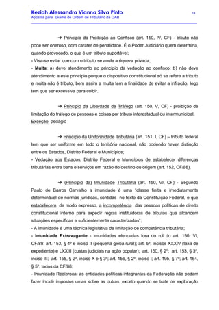 Keziah Alessandra Vianna Silva Pinto 14
Apostila para Exame de Ordem de Tributário da OAB
_________________________________________________________________________________
à Princípio da Proibição ao Confisco (art. 150, IV, CF) - tributo não
pode ser oneroso, com caráter de penalidade. É o Poder Judiciário quem determina,
quando provocado, o que é um tributo suportável;
- Visa-se evitar que com o tributo se anule a riqueza privada;
- Multa: a) deve atendimento ao princípio da vedação ao confisco; b) não deve
atendimento a este princípio porque o dispositivo constitucional só se refere a tributo
e multa não é tributo, bem assim a multa tem a finalidade de evitar a infração, logo
tem que ser excessiva para coibir.
à Princípio da Liberdade de Tráfego (art. 150, V, CF) - proibição de
limitação do tráfego de pessoas e coisas por tributo interestadual ou intermunicipal.
Exceção: pedágio
à Princípio da Uniformidade Tributária (art. 151, I, CF) – tributo federal
tem que ser uniforme em todo o território nacional, não podendo haver distinção
entre os Estados, Distrito Federal e Municípios;
- Vedação aos Estados, Distrito Federal e Municípios de estabelecer diferenças
tributárias entre bens e serviços em razão do destino ou origem (art. 152, CF/88).
à (Princípio da) Imunidade Tributária (art. 150, VI, CF) - Segundo
Paulo de Barros Carvalho a imunidade é uma “classe finita e imediatamente
determinável de normas jurídicas, contidas no texto da Constituição Federal, e que
estabelecem, de modo expresso, a incompetência das pessoas políticas de direito
constitucional interno para expedir regras instituidoras de tributos que alcancem
situações específicas e suficientemente caracterizadas”;
- A imunidade é uma técnica legislativa de limitação de competência tributária;
- Imunidade Extravagante - imunidades elencadas fora do rol do art. 150, VI,
CF/88: art. 153, § 4º e inciso II (pequena gleba rural); art. 5º, incisos XXXIV (taxa de
expediente) e LXXIII (custas judiciais na ação popular); art. 150, § 2º; art. 153, § 3º,
inciso III; art. 155, § 2º, inciso X e § 3º; art. 156, § 2º, inciso I; art. 195, § 7º; art. 184,
§ 5º, todos da CF/88;
- Imunidade Recíproca: as entidades políticas integrantes da Federação não podem
fazer incidir impostos umas sobre as outras, exceto quando se trate de exploração
 