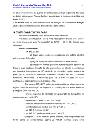Keziah Alessandra Vianna Silva Pinto 15
Apostila para Exame de Ordem de Tributário da OAB
_________________________________________________________________________________
de atividade econômica ou quando em contraprestação haja pagamento de preços
ou tarifas pelo usuário. Alcança também as autarquias e fundações mantidas pelo
Poder Público.
- Imunidade atua no plano constitucional de definição de competência; Isenção
atua no plano infraconstitucional do exercício de competência.
è FONTES DO DIREITO TRIBUTÁRIO
à Constituição Federal - não é fonte instituidora de tributos
à Emenda Constitucional - não é fonte instituidora de tributos (obs: utilizou-
se deste instrumento para “prorrogação” da CPMF - EC 21/99, fixando suas
alíquotas)
à Lei Complementar
- art. 146, CF/88:
a) dispor sobre conflito de competência em matéria tributária
entre os entes federados;
b) regular limitações constitucionais ao poder de tributar;
c) estabelecer normas gerais em matéria tributária: definição de
tributo e suas espécies; definição do fato gerador, base de cálculo e contribuintes
dos impostos discriminados na CF; definição de obrigação, crédito, lançamento,
prescrição e decadência tributários; tratamento tributário do ato cooperativo;
tratamento diferenciado e favorecido para ME e EPP no caso do ICMS,
contribuições sociais para seguridade social e PIS.
Obs: para as ME e EPP poderá ser estabelecido por lei complementar
regime único de arrecadação de impostos e contribuições dos entes federados
(Parágrafo Único, art. 146, CF)
- critérios especiais de tributação para prevenção de desequilíbrio na
concorrência (art. 146-A, CF);
- empréstimo compulsório (art. 148, CF/88);
- impostos da competência residual da União (art. 154, I, CF);
- contribuição social residual (art. 195, § 4º, CF);
- art. 155, § 2º, inciso XII, CF;
- art. 149, CF, que faz remissão ao art. 146, CF;
Exemplos: CTN (foi instituído por lei ordinária, mas recepcionado pela
CF/88 como lei complementar; Decreto-Lei 195/67 (normas gerais sobre
 