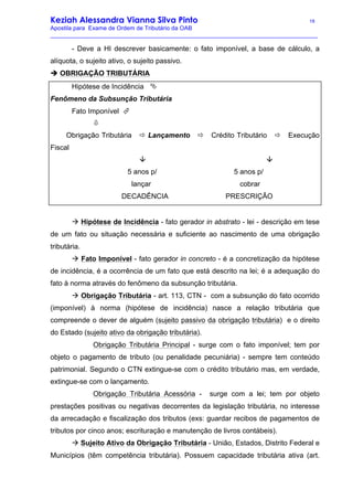 Keziah Alessandra Vianna Silva Pinto 18
Apostila para Exame de Ordem de Tributário da OAB
_________________________________________________________________________________
- Deve a HI descrever basicamente: o fato imponível, a base de cálculo, a
alíquota, o sujeito ativo, o sujeito passivo.
è OBRIGAÇÃO TRIBUTÁRIA
Hipótese de Incidência Ê
Fenômeno da Subsunção Tributária
Fato Imponível Ã
ò
Obrigação Tributária ð Lançamento ð Crédito Tributário ð Execução
Fiscal
â â
5 anos p/ 5 anos p/
lançar cobrar
DECADÊNCIA PRESCRIÇÃO
à Hipótese de Incidência - fato gerador in abstrato - lei - descrição em tese
de um fato ou situação necessária e suficiente ao nascimento de uma obrigação
tributária.
à Fato Imponível - fato gerador in concreto - é a concretização da hipótese
de incidência, é a ocorrência de um fato que está descrito na lei; é a adequação do
fato à norma através do fenômeno da subsunção tributária.
à Obrigação Tributária - art. 113, CTN - com a subsunção do fato ocorrido
(imponível) à norma (hipótese de incidência) nasce a relação tributária que
compreende o dever de alguém (sujeito passivo da obrigação tributária) e o direito
do Estado (sujeito ativo da obrigação tributária).
Obrigação Tributária Principal - surge com o fato imponível; tem por
objeto o pagamento de tributo (ou penalidade pecuniária) - sempre tem conteúdo
patrimonial. Segundo o CTN extingue-se com o crédito tributário mas, em verdade,
extingue-se com o lançamento.
Obrigação Tributária Acessória - surge com a lei; tem por objeto
prestações positivas ou negativas decorrentes da legislação tributária, no interesse
da arrecadação e fiscalização dos tributos (exs: guardar recibos de pagamentos de
tributos por cinco anos; escrituração e manutenção de livros contábeis).
à Sujeito Ativo da Obrigação Tributária - União, Estados, Distrito Federal e
Municípios (têm competência tributária). Possuem capacidade tributária ativa (art.
 