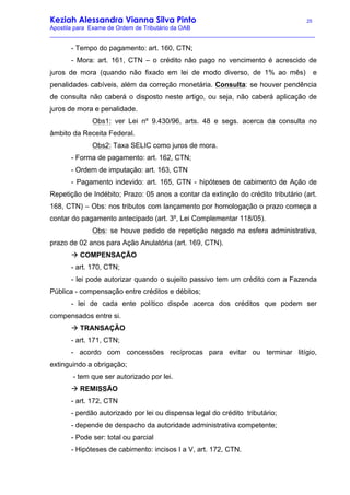 Keziah Alessandra Vianna Silva Pinto 25
Apostila para Exame de Ordem de Tributário da OAB
_________________________________________________________________________________
- Tempo do pagamento: art. 160, CTN;
- Mora: art. 161, CTN – o crédito não pago no vencimento é acrescido de
juros de mora (quando não fixado em lei de modo diverso, de 1% ao mês) e
penalidades cabíveis, além da correção monetária. Consulta: se houver pendência
de consulta não caberá o disposto neste artigo, ou seja, não caberá aplicação de
juros de mora e penalidade.
Obs1: ver Lei nº 9.430/96, arts. 48 e segs. acerca da consulta no
âmbito da Receita Federal.
Obs2: Taxa SELIC como juros de mora.
- Forma de pagamento: art. 162, CTN;
- Ordem de imputação: art. 163, CTN
- Pagamento indevido: art. 165, CTN - hipóteses de cabimento de Ação de
Repetição de Indébito; Prazo: 05 anos a contar da extinção do crédito tributário (art.
168, CTN) – Obs: nos tributos com lançamento por homologação o prazo começa a
contar do pagamento antecipado (art. 3º, Lei Complementar 118/05).
Obs: se houve pedido de repetição negado na esfera administrativa,
prazo de 02 anos para Ação Anulatória (art. 169, CTN).
à COMPENSAÇÃO
- art. 170, CTN;
- lei pode autorizar quando o sujeito passivo tem um crédito com a Fazenda
Pública - compensação entre créditos e débitos;
- lei de cada ente político dispõe acerca dos créditos que podem ser
compensados entre si.
à TRANSAÇÃO
- art. 171, CTN;
- acordo com concessões recíprocas para evitar ou terminar litígio,
extinguindo a obrigação;
- tem que ser autorizado por lei.
à REMISSÃO
- art. 172, CTN
- perdão autorizado por lei ou dispensa legal do crédito tributário;
- depende de despacho da autoridade administrativa competente;
- Pode ser: total ou parcial
- Hipóteses de cabimento: incisos I a V, art. 172, CTN.
 