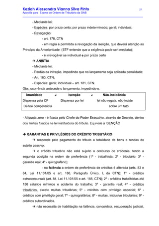 Keziah Alessandra Vianna Silva Pinto 27
Apostila para Exame de Ordem de Tributário da OAB
_________________________________________________________________________________
- Mediante lei;
- Espécies: por prazo certo; por prazo indeterminado; geral; individual;
- Revogação:
- art. 178, CTN
- em regra é permitida a revogação da isenção, que deverá atenção ao
Princípio da Anterioridade (STF entende que a exigência pode ser imediata);
- é irrevogável se individual e por prazo certo
à ANISTIA
- Mediante lei;
- Perdão da infração, impedindo que no lançamento seja aplicada penalidade;
- Art. 180, CTN;
- Espécies: geral; individual – art. 181, CTN.
Obs: ocorrência antecede o lançamento, impedindo-o.
Imunidade ≠ Isenção ≠ Não-incidência
Dispensa pela CF Dispensa por lei lei não regula, não incide
Define competência sobre um fato
- Alíquota zero - é fixada pelo Chefe do Poder Executivo, através de Decreto, dentro
dos limites fixados na lei instituidora do tributo. Equivale a ISENÇÃO
è GARANTIAS E PRIVILÉGIOS DO CRÉDITO TRIBUTÁRIO
à responde pelo pagamento do tributo a totalidade de bens e rendas do
sujeito passivo;
à o crédito tributário não está sujeito a concurso de credores, tendo a
segunda posição na ordem de preferência (1º - trabalhista; 2º - tributário; 3º -
garantia real; 4º - quirografário);
- na falência a ordem de preferência de créditos é alterada (arts. 83 e
84, Lei 11.101/05 e art. 186, Parágrafo Único, I, do CTN): 1º - créditos
extraconcursais (art. 84, Lei 11.101/05 e art. 188, CTN); 2º - créditos trabalhistas até
150 salários mínimos e acidente do trabalho; 3º - garantia real; 4º - créditos
tributários, exceto multas tributárias; 5º - créditos com privilégio especial; 6º -
créditos com privilégio geral; 7º - quirografários; 8º - multas, inclusive tributárias; 9º -
créditos subordinados.
à não necessita de habilitação na falência, concordata, recuperação judicial,
 