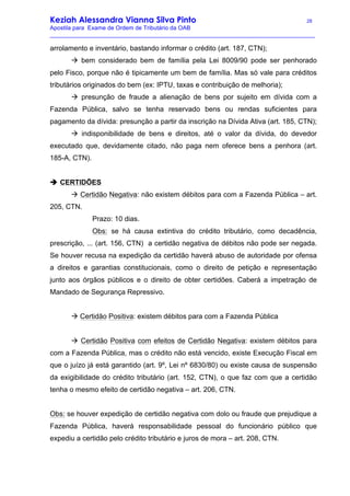 Keziah Alessandra Vianna Silva Pinto 28
Apostila para Exame de Ordem de Tributário da OAB
_________________________________________________________________________________
arrolamento e inventário, bastando informar o crédito (art. 187, CTN);
à bem considerado bem de família pela Lei 8009/90 pode ser penhorado
pelo Fisco, porque não é tipicamente um bem de família. Mas só vale para créditos
tributários originados do bem (ex: IPTU, taxas e contribuição de melhoria);
à presunção de fraude a alienação de bens por sujeito em dívida com a
Fazenda Pública, salvo se tenha reservado bens ou rendas suficientes para
pagamento da dívida: presunção a partir da inscrição na Dívida Ativa (art. 185, CTN);
à indisponibilidade de bens e direitos, até o valor da dívida, do devedor
executado que, devidamente citado, não paga nem oferece bens a penhora (art.
185-A, CTN).
è CERTIDÕES
à Certidão Negativa: não existem débitos para com a Fazenda Pública – art.
205, CTN.
Prazo: 10 dias.
Obs: se há causa extintiva do crédito tributário, como decadência,
prescrição, ... (art. 156, CTN) a certidão negativa de débitos não pode ser negada.
Se houver recusa na expedição da certidão haverá abuso de autoridade por ofensa
a direitos e garantias constitucionais, como o direito de petição e representação
junto aos órgãos públicos e o direito de obter certidões. Caberá a impetração de
Mandado de Segurança Repressivo.
à Certidão Positiva: existem débitos para com a Fazenda Pública
à Certidão Positiva com efeitos de Certidão Negativa: existem débitos para
com a Fazenda Pública, mas o crédito não está vencido, existe Execução Fiscal em
que o juízo já está garantido (art. 9º, Lei nº 6830/80) ou existe causa de suspensão
da exigibilidade do crédito tributário (art. 152, CTN), o que faz com que a certidão
tenha o mesmo efeito de certidão negativa – art. 206, CTN.
Obs: se houver expedição de certidão negativa com dolo ou fraude que prejudique a
Fazenda Pública, haverá responsabilidade pessoal do funcionário público que
expediu a certidão pelo crédito tributário e juros de mora – art. 208, CTN.
 