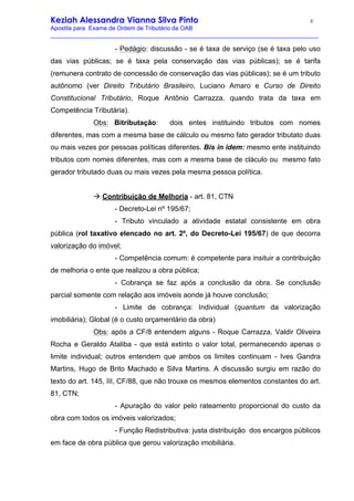 Keziah Alessandra Vianna Silva Pinto 5
Apostila para Exame de Ordem de Tributário da OAB
_________________________________________________________________________________
- Pedágio: discussão - se é taxa de serviço (se é taxa pelo uso
das vias públicas; se é taxa pela conservação das vias públicas); se é tarifa
(remunera contrato de concessão de conservação das vias públicas); se é um tributo
autônomo (ver Direito Tributário Brasileiro, Luciano Amaro e Curso de Direito
Constitucional Tributário, Roque Antônio Carrazza, quando trata da taxa em
Competência Tributária).
Obs: Bitributação: dois entes instituindo tributos com nomes
diferentes, mas com a mesma base de cálculo ou mesmo fato gerador tributato duas
ou mais vezes por pessoas políticas diferentes. Bis in idem: mesmo ente instituindo
tributos com nomes diferentes, mas com a mesma base de cláculo ou mesmo fato
gerador tributado duas ou mais vezes pela mesma pessoa política.
à Contribuição de Melhoria - art. 81, CTN
- Decreto-Lei nº 195/67;
- Tributo vinculado a atividade estatal consistente em obra
pública (rol taxativo elencado no art. 2º, do Decreto-Lei 195/67) de que decorra
valorização do imóvel;
- Competência comum: é competente para insituir a contribuição
de melhoria o ente que realizou a obra pública;
- Cobrança se faz após a conclusão da obra. Se conclusão
parcial somente com relação aos imóveis aonde já houve conclusão;
- Limite de cobrança: Individual (quantum da valorização
imobiliária); Global (é o custo orçamentário da obra)
Obs: após a CF/8 entendem alguns - Roque Carrazza, Valdir Oliveira
Rocha e Geraldo Ataliba - que está extinto o valor total, permanecendo apenas o
limite individual; outros entendem que ambos os limites continuam - Ives Gandra
Martins, Hugo de Brito Machado e Silva Martins. A discussão surgiu em razão do
texto do art. 145, III, CF/88, que não trouxe os mesmos elementos constantes do art.
81, CTN;
- Apuração do valor pelo rateamento proporcional do custo da
obra com todos os imóveis valorizados;
- Função Redistributiva: justa distribuição dos encargos públicos
em face de obra pública que gerou valorização imobiliária.
 