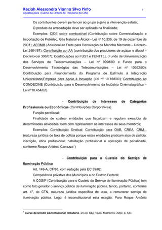 Keziah Alessandra Vianna Silva Pinto 7
Apostila para Exame de Ordem de Tributário da OAB
_________________________________________________________________________________
Os contribuintes devem pertencer ao grupo sujeito a intervenção estatal;
O produto da arrecadação deve ser aplicado na finalidade;
Exemplos: CIDE sobre combustível (Contribuição sobre Comercialização e
Importação de Petróleo, Gás Natural e Álcool - Lei nº 10.336, de 19 de dezembro de
2001); AFRMM (Adicional ao Frete para Renovação da Marinha Mercante – Decreto-
Lei 2404/87); Contribuição ao IAA (contribuição dos produtores de açúcar e álcool –
Decreto-Lei 308/67); Contribuições ao FUST e FUNTTEL (Fundo de Universalização
dos Serviços de Telecomunicações – Lei nº 9998/00 e Fundo para o
Desenvolvimento Tecnológico das Telecomunicações – Lei nº 10952/00);
Contribuição para Financiamento do Programa de Estímulo à Integração
Universidade/Empresa para Apoio à Inovação (Lei nº 10.168/00); Contribuição ao
CONDECINE (Contribuição para o Desenvolvimento da Indústria Cinematográfica –
Lei nº10.454/02).
- Contribuição de Interesses de Categorias
Profissionais ou Econômicas (Contribuições Corporativas)
Função parafiscal;
Finalidade de custear entidades que fiscalizam e regulam exercício de
determinadas atividades, bem com representam os interesses de seus membros;
Exemplos: Contribuição Sindical; Contribuição para OAB, CREA, CRM...
(natureza jurídica de taxa de polícia porque estas entidades praticam atos de polícia:
inscrição, ética profissional, habilitação profissional e aplicação de penalidade,
conforme Roque Antônio Carrazza1
)
- Contribuição para o Custeio do Serviço de
Iluminação Pública
Art. 149-A, CF/88, com redação pela EC 39/02;
Competência privativa dos Municípios e do Distrito Federal;
A COSIP (Contribuição para o Custeio do Serviço de Iluminação Pública) tem
como fato gerador o serviço público de iluminação pública, tendo, portanto, conforme
art. 4o
, do CTN, natureza jurídica específica de taxa, a remunerar serviço de
iluminação pública. Logo, é inconstitucional esta exação. Para Roque Antônio
1
Curso de Direito Constitucional Tributário. 29.ed. São Paulo: Malheiros, 2003. p. 534.
 