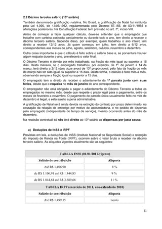 2.2 Décimo terceiro salário (13º salário)
Também denominado gratificação natalina. No Brasil, a gratificação de Natal foi instituída
pela Lei 4.090, de 13/07/1962, regulamentada pelo Decreto 57.155, de 03/11/1965 e
alterações posteriores. Na Constituição Federal, tem previsão no art. 7º, inciso VIII.
Antes de começar a fazer qualquer cálculo, deve-se entender que o empregado que
trabalhe com carteira assinada parcialmente ou durante todo o ano, tem direito a receber o
décimo terceiro salário. Sabendo disso, por exemplo, quem trabalhou o ano inteiro tem
direito a receber 12/12 avos. Já quem começou em julho, tem direito a 6/12 avos,
correspondentes aos meses de julho, agosto, setembro, outubro, novembro e dezembro.
Outra coisa importante é que o cálculo é feito sobre o salário base e, se porventura houver
algum reajuste durante o ano, prevalecerá o valor final.
O Décimo Terceiro é devido por mês trabalhado, ou fração do mês igual ou superior a 15
dias. Desta maneira, se o empregado trabalhou, por exemplo, de 1º. de janeiro a 14 de
março, terá direito a 2/12 (dois doze avos) de 13º proporcional, pelo fato da fração do mês
de março não ter sido igual ou superior a 15 dias. Desta forma, o cálculo é feito mês a mês,
observando sempre a fração igual ou superior a 15 dias.
O empregado tem o direito de receber o adiantamento da 1ª parcela junto com suas
férias, desde que o requeira no mês de janeiro do ano correspondente.
O empregador não está obrigado a pagar o adiantamento do Décimo Terceiro a todos os
empregados no mesmo mês, desde que respeite o prazo legal para o pagamento, entre os
meses de fevereiro a novembro. O pagamento de parcela única usualmente feito no mês de
dezembro é ilegal, e está sujeito a pena administrativa.
A gratificação de Natal será ainda devida na extinção do contrato por prazo determinado, na
cessação da relação de emprego por motivo de aposentadoria, e no pedido de dispensa
pelo empregado (independente do tempo de serviço), mesmo ocorrendo antes do mês de
dezembro.
Na rescisão contratual só não terá direito ao 13º salário as dispensas por justa causa.


   a) Deduções de INSS e IRPF
Previstas em leis, a deduções de INSS (Instituto Nacional de Seguridade Social) e retenção
do Imposto de Renda na Fonte (IRPF), ocorrem sobre o valor bruto a receber no décimo
terceiro salário. As alíquotas vigentes atualmente são as seguintes:



                           TABELA INSS (01/01/2011-vigente)
           Salário de contribuição                             Alíquota
               Até R$ 1.106,90                                    8%
        de R$ 1.106,91 até R$ 1.844,83                           9%
        de R$ 1.844,84 até R$ 3.689,66                           11 %

                TABELA IRPF (exercício de 2011, ano-calendário 2010)
           Salário de contribuição                             Alíquota
               Até R$ 1.499,15                                   Isento


                                                                                          11
 