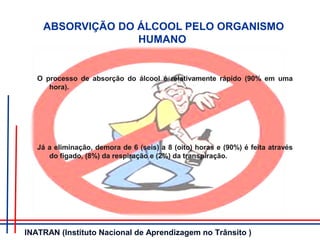 ABSORVIÇÃO DO ÁLCOOL PELO ORGANISMO
HUMANO
O processo de absorção do álcool é relativamente rápido (90% em uma
hora).
Já a eliminação, demora de 6 (seis) a 8 (oito) horas e (90%) é feita através
do fígado, (8%) da respiração e (2%) da transpiração.
INATRAN (Instituto Nacional de Aprendizagem no Trânsito )
 