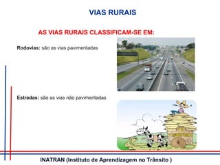 Rodovias: são as vias pavimentadas
Estradas: são as vias não pavimentadas
AS VIAS RURAIS CLASSIFICAM-SE EM:
VIAS RURAIS
INATRAN (Instituto de Aprendizagem no Trânsito )
 