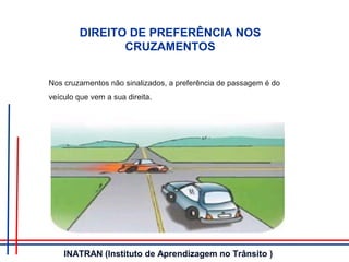 DIREITO DE PREFERÊNCIA NOS
CRUZAMENTOS
Nos cruzamentos não sinalizados, a preferência de passagem é do
veículo que vem a sua direita.
INATRAN (Instituto de Aprendizagem no Trânsito )
 