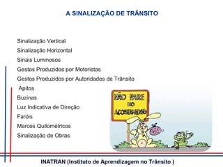 A SINALIZAÇÃO DE TRÂNSITO
Sinalização Vertical
Sinalização Horizontal
Sinais Luminosos
Gestos Produzidos por Motoristas
Gestos Produzidos por Autoridades de Trânsito
Apitos
Buzinas
Luz Indicativa de Direção
Faróis
Marcos Quilométricos
Sinalização de Obras
INATRAN (Instituto de Aprendizagem no Trânsito )
 
