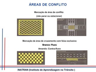Marcação de área de conflito
(não parar ou estacionar)
Marcação de área de cruzamento com faixa exclusiva
Branco: FluxoBranco: Fluxo
Amarelo: Contra-fluxo
ÁREAS DE CONFLITO
INATRAN (Instituto de Aprendizagem no Trânsito )
 