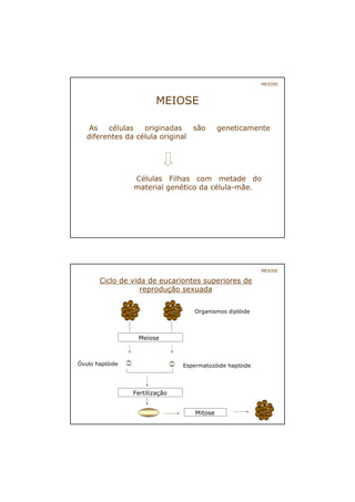MEIOSE
MEIOSE
As células originadas são geneticamente
diferentes da célula original
Células Filhas com metade do
material genético da célula-mãe.
MEIOSE
Meiose
Ciclo de vida de eucariontes superiores de
reprodução sexuada
Fertilização
Mitose
Organismos diplóide
Espermatozóide haplóideÓvulo haplóide
 