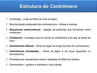 Constrição - onde as fibras do fuso se ligam;
 Movimentação adequada dos cromossomos - mitose e meiose;
 Sequências centroméricas – ligação de proteínas que funcionam como
cinetócoro;
 Cinetócoro - complexo que se monta no centrômero e se liga as fibras do
fuso;
 Centrômeros difusos – fibras se ligam ao longo de todo do cromossomo;
 Centrômeros localizados – fibras se ligam a um local específico no
cromossomo;
 Formados por sequências curtas e repetidas de DNA em tandem;
 Centromêros – ajudam a controlar o ciclo celular
Estrutura do Centrômero
 