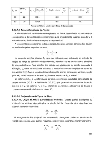 117
Fy, ksi
0,60Fy,
ksi y
2
c
F
Eπ2
C


y
F
95
bertaASecção
t
b 

y
c
F
238
AbertaSecção
t
w

36 22 126,1 15,8 39,7
60 30 107,0 13,4 33,7
Tabela 13: Valores Limites para Mesa de Compressão
3.3.3.7.3. Tensão Combinada de Flexão:
A tensão reduzida permissível de compressão na mesa, determinada no item anterior
(considerando a torção lateral) ou determinado pela procedimento sugerido quando w é
maior do que wc é utilizada somente para a carga vertical.
A tensão média considerando todas as cargas, laterais e verticais combinadas, devem
ser verificadas pelas seguintes formulas:
1
F
f
F
f
by
by
bx
bx

No caso de secções abertas, fby deve ser calculada com referência ao módulo da
secção do flange de compressão isoladamente, incluindo 1/6 da área da alma, em torno
do eixo vertical (y-y). Para secções tipo caixão com diafragmas ou secção adequada à
aplicação, fby deve ser calculada utilizando o módulo da secção completa em torno do
eixo vertical (y-y). Fbx é a tensão admissível reduzida apenas para cargas verticais, sendo
igual à Fa para a relação de esbeltez equivalente. O valor de Fby = -0,60Fy.
Os valores de fbx e fby referemÀse as tensões de flexão calculadas com relação às
cargas verticais (3.3.2.1) e horizontais (3.3.2.2), que geram os momentos em torno do
eixo x-x e y-y. Os valores Fbx e Fby, referem-se às tensões admissíveis de tração e
compressão que estão definidas na tabela 10.
3.3.3.7.4. Enrijecedores da Viga e da Alma:
3.3.3.7.4.1. Chapa da Alma e Enrijecedores Verticais: Exceto quando diafragmas ou
enrijecedores verticais são utilizados, a relação h/t da chapa da alma não deve ser
superior ao menor valor entre:
yv
F
380
ou
f
240
O espaçamento dos enrijecedores transversais, diafragmas cheios ou estruturas de
reforço na secção da viga, quando requerido, não deve ser superior ao menor valor entre:
y
w
v
w
F
t500
ou
f
t320 
 