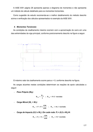 137
A AISE 6/91 página 26 apresenta apenas o diagrama de momentos e não apresenta
um método de cálculo detalhado para os momentos horizontais.
Como sugestão de estudo recomenda-se o melhor detalhamento do método descrito
acima e verificação dos cálculos apresentados no exemplo da AISE 6/91.
4. Momentos Torsionais:
As condições de cisalhamento máximo ocorrem com a aproximação do carro em uma
das extremidades da viga principal, conforme posicionamento descrito na figura a seguir.
O máximo valor de cisalhamento ocorre para a = 0, conforme descrito na figura.
As cargas atuantes nestas condições determinam as reações de apoio calculadas a
seguir:
- Peso Próprio (WB):
toneladas5,19R
2
W
R 1B
B
1B

- Carga Móvel (WL + WT):
toneladas1,44R
1650
1250
PPR 1L1L

- Carga de Impacto (0,2 x WL). Em cada roda: PI = (0,2 x WL)/4:
toneladas9,5R
1650
1250
PPR 1III1I

 