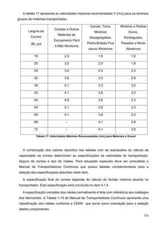 156
A tabela 17 apresenta as velocidades máximas recomendadas V (m/s) para os diversos
grupos de materiais transportados.
Largura da
Correia
(B), pol
Cereais e Outros
Materiais de
Escoamento Fácil
e Não Abrasivos
Carvão, Terra,
Minérios
Desagregados,
Pedra Britada Fina
pouco Abrasivos
Minérios e Pedras
Duros,
Pontiagudos,
Pesados e Muito
Abrasivos
16 2,5 1,6 1,6
20 3,0 2,0 1,8
24 3,0 2,5 2,3
30 3,6 3,0 2,8
36 4,1 3,3 3,0
42 4,1 3,6 3,0
48 4,6 3,6 3,3
54 5,1 3,6 3,3
60 5,1 3,6 3,3
66 - 4,1 3,8
72 - 4,1 3,8
Tabela 17: Velocidades Máximas Recomendadas (m/s) para Materiais a Granel
A combinação dos valores descritos nas tabelas com as expressões do cálculo de
capacidade da correia determinam as especificações da velocidade do transportador,
largura da correia e tipo de roletes. Para situações especiais deve ser consultado o
Manual de Transportadores Contínuos que possui tabelas complementares para a
seleção das especificações descritas neste item.
A especificação final da correia depende do cálculo da tensão máxima atuante no
transportador. Esta especificação será concluída no item 4.1.4.
A especificação completa dos roletes normalmente é feita com referência aos catálogos
dos fabricantes. A Tabela 1-14 do Manual de Transportadores Contínuos apresenta uma
classificação dos roletes conforme a CEMA que serve como orientação para a seleção
destes componentes.
 