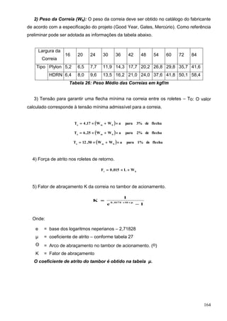 164
2) Peso da Correia (Wb): O peso da correia deve ser obtido no catálogo do fabricante
de acordo com a especificação do projeto (Good Year, Gates, Mercúrio). Como referência
preliminar pode ser adotada as informações da tabela abaixo.
Largura da
Correia
16 20 24 30 36 42 48 54 60 72 84
Tipo Plylon 5,2 6,5 7,7 11,9 14,3 17,7 20,2 26,8 29,8 35,7 41,6
HDRN 6,4 8,0 9,6 13,5 16,2 21,0 24,0 37,6 41,8 50,1 58,4
Tabela 26: Peso Médio das Correias em kgf/m
3) Tensão para garantir uma flecha mínima na correia entre os roletes – To: O valor
calculado corresponde à tensão mínima admissível para a correia.
  flechade3%paraaWW17,4T bmo

  flechade2%paraaWW25,6T bmo

  flechade1%paraaWW50,12T bmo

4) Força de atrito nos roletes de retorno.
br
WL015,0F 
5) Fator de abraçamento K da correia no tambor de acionamento.
1e
1
K μΘ0174,0

 
Onde:
e = base dos logaritmos neperianos – 2,71828
μ = coeficiente de atrito – conforme tabela 27
Θ = Arco de abraçamento no tambor de acionamento. (o)
K = Fator de abraçamento
O coeficiente de atrito do tambor é obtido na tabela μ.
 