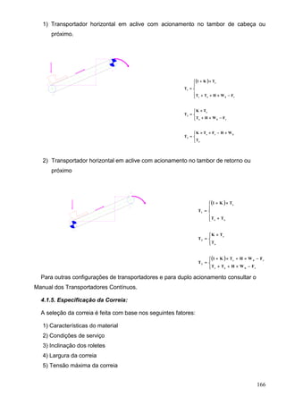166
1) Transportador horizontal em aclive com acionamento no tambor de cabeça ou
próximo.
 


 















o
bre
3
rbo
e
2
rboe
e
1
T
WHFTK
T
FWHT
TK
T
FWHTT
TK1
T
2) Transportador horizontal em aclive com acionamento no tambor de retorno ou
próximo
 
 








 









rboe
rbe
3
o
e
2
oe
e
1
FWHTT
FWHTK1
T
T
TK
T
TT
TK1
T
Para outras configurações de transportadores e para duplo acionamento consultar o
Manual dos Transportadores Contínuos.
4.1.5. Especificação da Correia:
A seleção da correia é feita com base nos seguintes fatores:
1) Características do material
2) Condições de serviço
3) Inclinação dos roletes
4) Largura da correia
5) Tensão máxima da correia
 