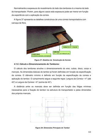 168
Normalmente a espessura do revestimento do lado dos tambores é a mesma do lado
do transportador. Porém, para alguns casos esta espessura pode ser menor em função
da experiência com a aplicação da correia.
A figura 37 apresenta os detalhes construtivos de uma correia transportadora com
carcaça de fibra.
Figura 37: Detalhes da Construção da Correia
4.1.6. Cálculo e Dimensionamento de Tambores:
O cálculo dos tambores envolve o dimensionamento do eixo, cubos, disco, corpo e
mancais. As dimensões básicas do tambor já foram definidas em função da especificação
da correia. O diâmetro mínimo é definido em função da especificação da correia e
aplicação do tambor. O comprimento segue a seguinte regra: Largura da Correia + 4” (até
42”) e Largura da Correia + 6” (acima de 42”).
A distância entre os mancais deve ser definida em função das folgas mínimas
necessárias para a fixação do tambor na estrutura do transportador e pelas dimensões
dos próprios mancais.
Figura 38: Dimensões Principais do Tambor
 