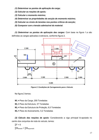 17
(1) Determinar os pontos de aplicação da carga;
(2) Calcular as reações de apoio;
(3) Calcular o momento máximo;
(4) Determinar as propriedades da secção de momento máximo;
(5) Calcular os níveis de tensões nos pontos críticos da secção;
(6) Comparar com a tensão admissível do material.
(1) Determinar os pontos de aplicação das cargas: Com base na figura 1.a são
definidas as cargas aplicadas à estrutura, conforme figura 2.
Figura 2: Condições de Carregamento para o Veículo
Na figura 2 temos:
W1 = Peso da Carga, 200 Toneladas
W2 = Peso da Estrutura, 37 Toneladas
W3 = Peso da Estrutura de Proteção, 8,5 Toneladas
W4 = Peso do Acionamento, 5,2 Toneladas
(2) Cálculo das reações de apoio: Considerando a viga principal bi-apoiada no
centro dos conjuntos de roda do veículo, temos:
∑F = 0
∑MdireitaA = ∑MesquerdaA
 