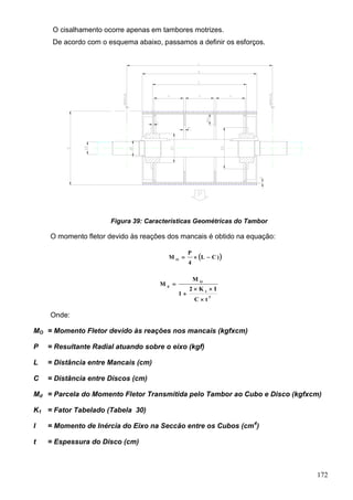 172
O cisalhamento ocorre apenas em tambores motrizes.
De acordo com o esquema abaixo, passamos a definir os esforços.
Figura 39: Características Geométricas do Tambor
O momento fletor devido às reações dos mancais é obtido na equação:
 )CL
4
P
M O

3
1
O
d
tC
IK2
1
M
M




Onde:
MO = Momento Fletor devido às reações nos mancais (kgfxcm)
P = Resultante Radial atuando sobre o eixo (kgf)
L = Distância entre Mancais (cm)
C = Distância entre Discos (cm)
Md = Parcela do Momento Fletor Transmitida pelo Tambor ao Cubo e Disco (kgfxcm)
K1 = Fator Tabelado (Tabela 30)
I = Momento de Inércia do Eixo na Seccão entre os Cubos (cm4
)
t = Espessura do Disco (cm)
 
