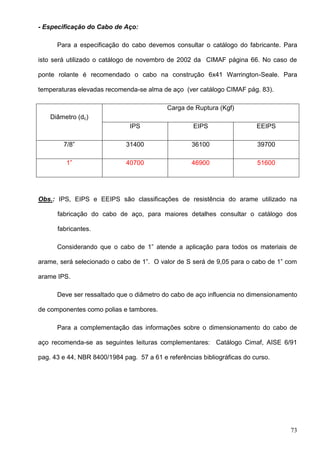 73
- Especificação do Cabo de Aço:
Para a especificação do cabo devemos consultar o catálogo do fabricante. Para
isto será utilizado o catálogo de novembro de 2002 da CIMAF página 66. No caso de
ponte rolante é recomendado o cabo na construção 6x41 Warrington-Seale. Para
temperaturas elevadas recomenda-se alma de aço (ver catálogo CIMAF pág. 83).
Diâmetro (dc)
Carga de Ruptura (Kgf)
IPS EIPS EEIPS
7/8” 31400 36100 39700
1” 40700 46900 51600
Obs.: IPS, EIPS e EEIPS são classificações de resistência do arame utilizado na
fabricação do cabo de aço, para maiores detalhes consultar o catálogo dos
fabricantes.
Considerando que o cabo de 1” atende a aplicação para todos os materiais de
arame, será selecionado o cabo de 1”. O valor de S será de 9,05 para o cabo de 1” com
arame IPS.
Deve ser ressaltado que o diâmetro do cabo de aço influencia no dimensionamento
de componentes como polias e tambores.
Para a complementação das informações sobre o dimensionamento do cabo de
aço recomenda-se as seguintes leituras complementares: Catálogo Cimaf, AISE 6/91
pag. 43 e 44, NBR 8400/1984 pag. 57 a 61 e referências bibliográficas do curso.
 