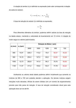 77
A rotação do tambor (nt) é definida na expressão (este valor corresponde à rotação
de saida do redutor):
t
c
tttc
dπ
V
nndπV


A taxa de redução do redutor (i) é definida na expressão:
t
m
n
n
i 
Para diferentes diâmetros do tambor, podemos definir valores da taxa de redução
na tabela abaixo, mantendo a velocidade de levantamento em 10 m/min. A rotação do
motor segue os valores padronizados.
dt (mm) nt (rpm)
Rotação do Motor ( rpm)
3600 1800 1200 900 720
800 15,91 226,3 113,2 75,4 56,57 45,25
900 14,15 254,4 127,2 84,8 63,60 50,88
1000 12,73 282,8 141,4 94,3 70,70 56,60
1100 11,57 311,2 155,6 103,7 77,78 62,22
Analisando os valores desta tabela podemos definir inicialmente que somente os
motores de 900 e 720 rpm poderão atender a aplicação. Os demais motores exigem
reduções muito elevadas, difíceis de serem obtidas com um número de engrenamentos
previsto para três pares de redução. A taxa de redução considerada viável para esta
aplicação deve ser de até 64.
 