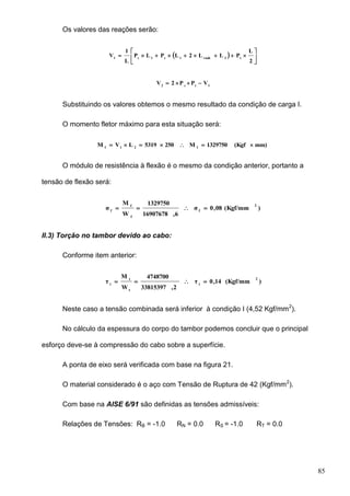 85
Os valores das reações serão:
  






2
L
PLL2LPLP
L
1
V t3ranh1c1c1
1tc2
VPP2V 
Substituindo os valores obtemos o mesmo resultado da condição de carga I.
O momento fletor máximo para esta situação será:
mm)(Kgf1329750M2505319LVM f21f

O módulo de resistência à flexão é o mesmo da condição anterior, portanto a
tensão de flexão será:
)(Kgf/mm08,0σ
6,16907678
1329750
W
M
σ
2
f
f
f
f

II.3) Torção no tambor devido ao cabo:
Conforme item anterior:
)(Kgf/mm14,0τ
2,33815397
4748700
W
M
τ
2
t
t
t
t

Neste caso a tensão combinada será inferior à condição I (4,52 Kgf/mm2
).
No cálculo da espessura do corpo do tambor podemos concluir que o principal
esforço deve-se à compressão do cabo sobre a superfície.
A ponta de eixo será verificada com base na figura 21.
O material considerado é o aço com Tensão de Ruptura de 42 (Kgf/mm2
).
Com base na AISE 6/91 são definidas as tensões admissíveis:
Relações de Tensões: RB = -1.0 RN = 0.0 RS = -1.0 RT = 0.0
 