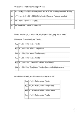 87
Os esforços solicitantes na secção A são:
V1 = 5319 (Kgf) – Força Cortante (obtido no cálculo do tambor já efetuado acima)
Mfa = V1 x b = 5319 x 2,3 = 12233,7 (Kgf.cm) – Momento Fletor na secção A
N = 0 – Força Normal na secção A
Mt = 0 – Momento Torsor na secção A
Para a relação db/da = 1,09 e r/da = 0,02: (AISE 6/91, pág. 39, 40 e 41).
Fatores de Concentração de Tensão.
KNB = 1,25 – Fator para a Flexão
KNN = 1,25 – Fator para a Compressão
KNS = 1,30 – Fator para o Cisalhamento
KNT = 1,30 – Fator para a Torsão
KEB = 1,00 – Fator Combinado Flexão/Cisalhamento
KEN = 1,00 – Fator Combinado Tensão-Compressão/Cisalhamento
Os Fatores de Serviço conforme AISE 6 página 37 são:
KSB = 1,00 – Fator para a Flexão
KSN = 1,00 – Fator para a Compressão
KSS = 1,00 – Fator para o Cisalhamento
KST = 1,00 – Fator para a Torsão
 