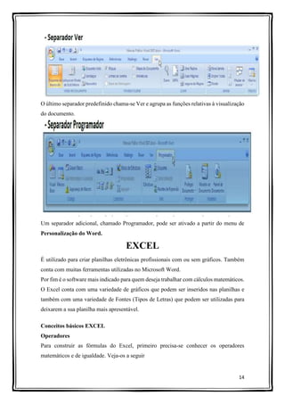 14
O último separador predefinido chama-se Ver e agrupa as funções relativas à visualização
do documento.
Um separador adicional, chamado Programador, pode ser ativado a partir do menu de
Personalização do Word.
EXCEL
É utilizado para criar planilhas eletrônicas profissionais com ou sem gráficos. Também
conta com muitas ferramentas utilizadas no Microsoft Word.
Por fim é o software mais indicado para quem deseja trabalhar com cálculos matemáticos.
O Excel conta com uma variedade de gráficos que podem ser inseridos nas planilhas e
também com uma variedade de Fontes (Tipos de Letras) que podem ser utilizadas para
deixarem a sua planilha mais apresentável.
Conceitos básicos EXCEL
Operadores
Para construir as fórmulas do Excel, primeiro precisa-se conhecer os operadores
matemáticos e de igualdade. Veja-os a seguir
 