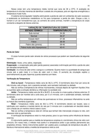 10
     Nosso corpo tem uma temperatura média normal que varia de 36 a 37ºC. A avaliação da
temperatura é uma das maneiras de identificar o estado de uma pessoa, pois em algumas emergências a
temperatura muda muito.
     O sistema termorregulador trabalha estimulando a perda de calor em ambientes de calor excessivo
e acelerando os fenômenos metabólicos no frio para compensar a perda de calor. Graças a isto, o
homem é um ser homeotérmico que, ao contrário de outros animais, mantêm a temperatura do corpo
constante a despeito de fatores externos.

                           VARIAÇÃO DE TEMPERATURA DO CORPO
                      ESTADO TÉRMICO                       TEMPERATURA (ºC)
                          Sub-normal                            34-36
                            Normal                              36-37
                         Estado febril                          37-38
                             Febre                              38-39
                       Febre alta (pirexia)                     39-40
                  Febre muito alta (hiperpirexia)               40-41

Perda de Calor

    O corpo humano perde calor através de vários processos que podem ser classificados da seguinte
maneira:

Eliminação - fezes, urina, saliva, respiração.
Evaporação - a evaporação pela pele (perda passiva) associada à eliminação permitirá a perda de calor
em elevadas temperaturas.
Condução - é a troca de calor entre o sangue e o ambiente. Quanto maior é a quantidade de sangue que
circula sob a pele maior é a troca de calor com o meio. O aumento da circulação explica o
avermelhamento da pele (hipermia) quando estamos com febre.

Verificação da Temperatura

       Oral ou bucal - Temperatura média varia de 36,2 a 37ºC. O termômetro deve ficar por cerca de
três minutos, sob a língua, com o paciente sentado, semi-sentado (reclinado) ou deitado.
       Não se verifica a temperatura de vítimas inconscientes, crianças depois de ingerirem líquidos (frios
ou quentes) após a extração dentária ou inflamação na cavidade oral.
       Axilar - Temperatura média varia de 36 a 36,8ºC. A via axilar é a mais sujeita a fatores externos. O
termômetro deve ser mantido sob a axila seca, por 3 a 5 minutos, com o acidentado sentado, reclinado
ou deitado.
       Não se verifica temperatura em vítimas de queimaduras no tórax, processos inflamatórios na axila
ou fratura dos membros superiores.
       Retal - Temperatura média varia de 36,4 a 37ºC. O termômetro deverá ser lavado, seco e
lubrificado com vaselina e mantido dentro do reto por 3 minutos com o acidentado em decúbito lateral,
com a flexão de um membro inferior sobre o outro.
       Não se verifica a temperatura retal em vítimas que tenham tido intervenção cirúrgica no reto, com
abscesso retal ou perineorrafia.
       A verificação da temperatura retal é a mais precisa, pois é a que menos sofre influência de fatores
externos.
       O instrumento padrão para a medida da temperatura corpórea é o termômetro clínico de vidro com
mercúrio. Em nosso meio, o método mais aceito é a temperatura axilar o que satisfaz plenamente aos
propósitos clínicos. Vários instrumentos podem ser usados para a avaliação da temperatura da pele. A
literatura internacional adota a medida da temperatura retal ou oral.
            APOSTILA DE EDUCAÇÃO FÍSICA - E.E.E.P. OSMIRA EDUARDO DE CASTRO - MORADA NOVA/CE
                      PROFº HECCTOR RODRIGO MAGALHÃES FREITAS - CREF 006283-G/CE
 