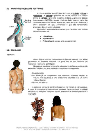 19
3.2   PRINCIPAIS PROBLEMAS POSTURAIS

                                       A coluna vertebral possui 3 tipos de curvas: a lordose, a cifose e
                                 a escoliose . A lordose é presente na coluna cervical e na coluna
                                 lombar e a cifose é presente na coluna torácica. A presença dessas
                                 duas curvas é NORMAL nesses níveis ao lado, fazendo parte das
                                 curvaturas normais da coluna. Apenas em casos em que a lordose e a
                                 cifose aparecem em grau aumentado é que são consideradas
                                 anormais e devem ser investigadas.
                                       O aumento acentuado (anormal) do grau da cifose e da lordose
                                 são denominados de:

                                          •   Hipercifose;
                                          •   Hiperlordose.
                                          •   A Escoliose é sempre uma curva anormal.




3.2.1 ESCOLIOSE

Definição

                                   A escoliose é uma ou mais curvaturas laterais anormal, que atinge
                           geralmente as vértebras torácicas. Ela pode ser do tipo funcional (ou
                           fisiológica) e estrutural (patológica).
                                   No caso da escoliose funcional a coluna curva-se lateralmente devido
                           à diferença de peso nas duas metades do corpo em conseqüência:

                              • Da poliomielite;
                              • Da diferença de comprimento dos membros inferiores, devido às
                                 fraturas mal reduzidas, a uma prótese mal adaptada ou a um joelho
                                 valgo unilateral;
                              • De uma má postura.

                                 A escoliose estrutural, geralmente aparece na infância e é progressiva.
                           A causa é o crescimento desigual das vértebras. Dependendo da gravidade
                           da curvatura, esta pode comprimir órgãos abdominais e também prejudicar a
                           respiração.




            APOSTILA DE EDUCAÇÃO FÍSICA - E.E.E.P. OSMIRA EDUARDO DE CASTRO - MORADA NOVA/CE
                      PROFº HECCTOR RODRIGO MAGALHÃES FREITAS - CREF 006283-G/CE
 