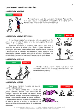 21
3.3 DICAS PARA UMA POSTURA SAUDÁVEL

3.3.1 POSTURA AO ANDAR

 √ CERTO     X ERRADO

                                  A má postura ao andar é a causa de muitas dores. Procure andar o
                            mais ereto possível, sempre olhando acima da linha do horizonte. Um bom
                            treino é andar em casa com um livro sobre a cabeça.




3.3.2 POSTURA AO LEVANTAR PESOS                                                √ CERTO         X ERRADO


       A maneira correta para levantar pesos e volumes exige a flexão dos
joelhos e aproximação do objeto junto ao corpo, agachando-se sem
inclinar o corpo para frente.
       Contraindo a musculatura abdominal, com a coluna ereta force os
músculos das coxas e pernas para elevar o peso. Utilizando as
articulações dos quadris, joelhos e tornozelos, pode-se atenuar a pressão
e esforços sobre as delicadas articulações da coluna vertebral. Se o
objeto é muito pesado para ser elevado com segurança ou se você não
consegue se posicionar corretamente, solicite auxílio de outra pessoa.

3.3.3 POSTURA SENTADO

       √ CERTO             X ERRADO

                                               Quando sentado, procure manter sua coluna bem
                                         posicionada utilizando uma cadeira que ofereça suporte à sua
                                         curvatura lombar (lordose).




3.3.4 POSTURA DEITADO

      Sua coluna também necessita de suporte                    √ CERTO                  X ERRADO
quando você está deitado.
      Procure utilizar colchão firme e manter os
joelhos dobrados (fletidos) para preservação do
balanço e equilíbrio da coluna. Um colchão muito
macio permite o corpo afundar causando torções à
coluna. Quando se está deitado de barriga para cima,
o posicionamento de uma almofada ou travesseiro sob
os joelhos também é útil para a manutenção do
posicionamento correto e relaxamento da musculatura
das costas.
            APOSTILA DE EDUCAÇÃO FÍSICA - E.E.E.P. OSMIRA EDUARDO DE CASTRO - MORADA NOVA/CE
                      PROFº HECCTOR RODRIGO MAGALHÃES FREITAS - CREF 006283-G/CE
 
