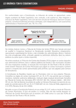Proibida a reprodução não autorizada nos termos da lei 9.610, de 19/02/98.
Aluno: Nome Completo
Aluno: Nome Completo
CPF: 999.999.999-99
CPF: 999.999.999-99
RAQUEL STASIAKI
5
LEI ORGÂNICA TCM RJ esquematizada
Em conformidade com a Constituição, os tribunais de contas se apresentam, como
órgãos auxiliares do Poder Legislativo, sem, contudo, a ele sujeitar-se. Não integram a
estrutura do Poder Legislativo, nem com ele tem vínculo de hierarquia. Exercem funções
próprias, constitucionalmente previstas e limitadas, com independência, com autonomias
administrativa e financeira.(CF, arts. 70, 71 e 73).
Organização dos Poderes
(CRFB, arts. 44 a 135)
Poder Executivo
(CRFB, arts. 76 a 91)
Poder Judiciário
(CRFB, arts. 92 a 126)
Poder Legislativo
(CRFB, arts. 44 a 75)
Organização dos Poderes
(CRFB, arts. 44 a 135)
Poder Executivo
(CRFB, arts. 76 a 91)
Poder Judiciário
(CRFB, arts. 92 a 126)
Poder Legislativo
(CRFB, arts. 44 a 75)
No âmbito federal, temos o Tribunal de Contas da União (TCU) com função principal
de auxiliar o Congresso Nacional na fiscalização contábil, financeira, orçamentária,
operacional e patrimonial da União e das entidades da administração direta e indireta
(ou ente privado que utilize, arrecade, guarde ou administre dinheiros, bens ou valores
públicos ou pelos quais a União responda).
Na esfera estadual, os Tribunais de Contas dos Estados (TCEs) julgam as contas daqueles
que administram dinheiro, bens e valores públicos do Estado e dos municípios situados
em seus respectivos estados, (a exceção dos municípios de São Paulo e Rio de Janeiro,
onde existem Tribunais de Contas Municipais que julgam as contas municipais e emitem
parecer a respeito das contas apresentadas pelo prefeito, que são julgadas pela Câmara
de Vereadores).
A Constituição da República impede que os Municípios criem os seus próprios Tribunais,
Conselhos ou órgãos de contas municipais (CF, art. 31, § 4º), mas permite que os Estados-
membros, mediante autônoma deliberação, instituam órgão estadual denominado Conselho
ou Tribunal de Contas dos Municípios (RTJ 135/457, Rel. Min. Octavio Gallotti – ADI 445/
DF, rel. min. Néri da Silveira), incumbido de auxiliar as Câmaras Municipais no exercício de seu
poder de controle externo (CF, art. 31, § 1º).”(ADI 687, rel. min. Celso de Mello, julgamento em
2-2-1995, Plenário, DJ de 10-2-2006).
Ressalte-se que a Constituição Federal, em seu artigo 31, § 4º, veda a criação de Tribunais
de Contas Municipais. O que ela proíbe é a criação. Mas ela não manda desfazer os
Tribunais de Contas Municipais que já existiam, em 1988 como é o caso dos TCMs do
município de São Paulo e Rio de Janeiro.
 