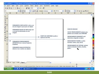 FERRAMENTA CONTA-GOTAS retira a cor
de uma imagem e passa para um objeto
CAIXA DE DIÁLOGO

FERRAMENTA BALDE DE TINTA tinge com
a cor que foi selecionada em uma
imagem

COR DE PREENCHIMENTO existem uma
palheta com variadas cores PANTONE
CANETA DE CONTORNO escolhe a
espessura da linha

PREENCHIMENTO GRADIENTE você
determina o degrade no objeto
PRENCHIMENTO PADRÃO escolha
formatos: xadrez, onça, listras

FERRAMENTA PREENCHIMENTO
INTERATIVO tem a mesma função da
Gradiente

PREENCHIMENTO DE TEXTURA existem
texturas imitando madeira, chumbo,
pedra...

FERRAMENTA MALHA INTERATIVA
distorce a luz e sombra nos objetos

SLIDE

 