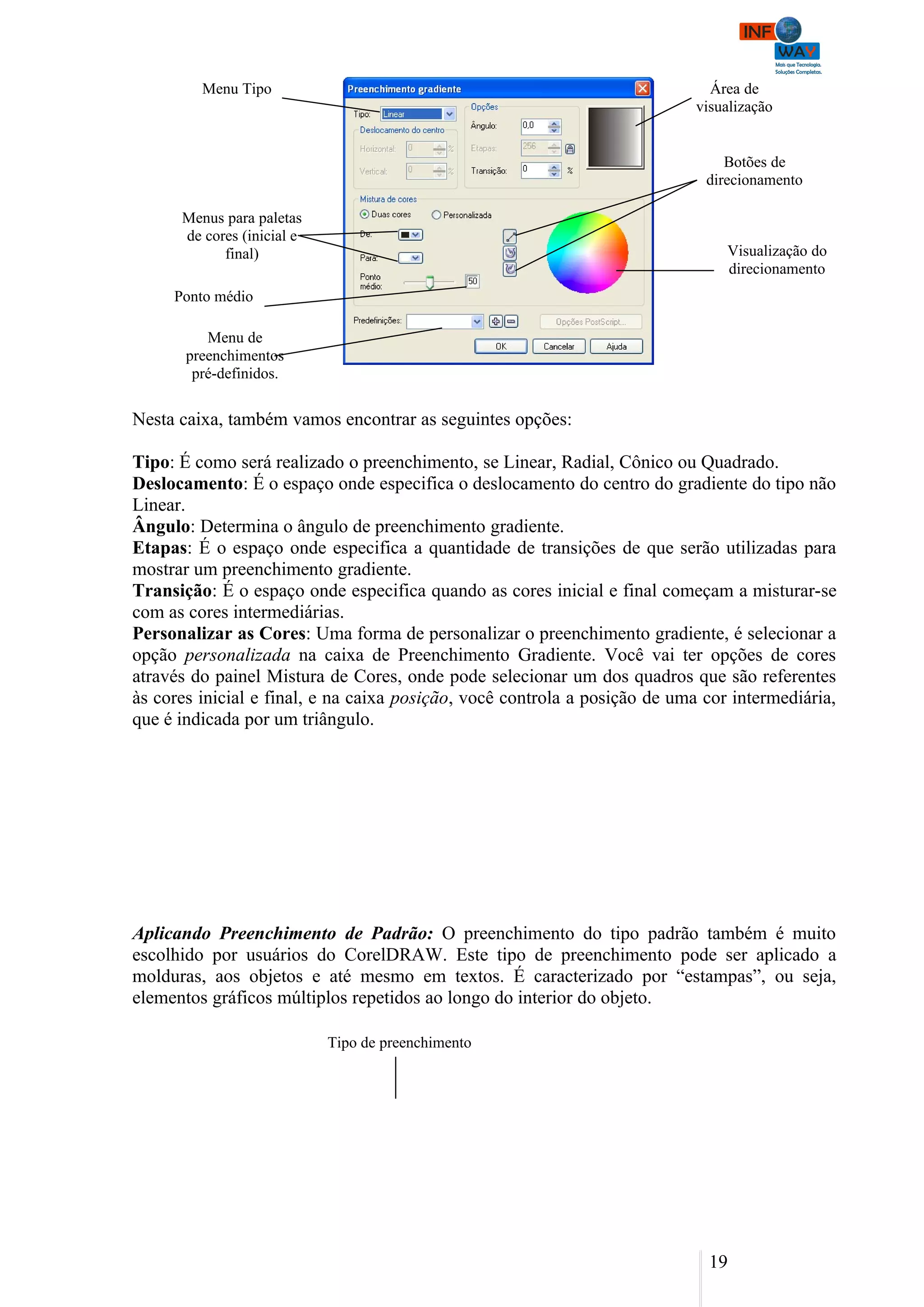 Menu Tipo                                                            Área de
                                                                            visualização


                                                                                Botões de
                                                                             direcionamento

      Menus para paletas
      de cores (inicial e
            final)                                                              Visualização do
                                                                                direcionamento
     Ponto médio

          Menu de
       preenchimentos
        pré-definidos.


Nesta caixa, também vamos encontrar as seguintes opções:

Tipo: É como será realizado o preenchimento, se Linear, Radial, Cônico ou Quadrado.
Deslocamento: É o espaço onde especifica o deslocamento do centro do gradiente do tipo não
Linear.
Ângulo: Determina o ângulo de preenchimento gradiente.
Etapas: É o espaço onde especifica a quantidade de transições de que serão utilizadas para
mostrar um preenchimento gradiente.
Transição: É o espaço onde especifica quando as cores inicial e final começam a misturar-se
com as cores intermediárias.
Personalizar as Cores: Uma forma de personalizar o preenchimento gradiente, é selecionar a
opção personalizada na caixa de Preenchimento Gradiente. Você vai ter opções de cores
através do painel Mistura de Cores, onde pode selecionar um dos quadros que são referentes
às cores inicial e final, e na caixa posição, você controla a posição de uma cor intermediária,
que é indicada por um triângulo.




Aplicando Preenchimento de Padrão: O preenchimento do tipo padrão também é muito
escolhido por usuários do CorelDRAW. Este tipo de preenchimento pode ser aplicado a
molduras, aos objetos e até mesmo em textos. É caracterizado por “estampas”, ou seja,
elementos gráficos múltiplos repetidos ao longo do interior do objeto.

                            Tipo de preenchimento




                                                                              19
 