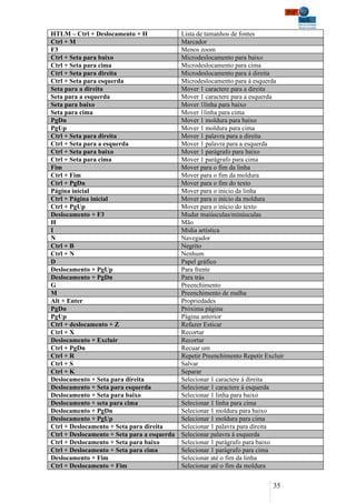 HTLM – Ctrl + Deslocamento + H               Lista de tamanhos de fontes
Ctrl + M                                     Marcador
F3                                           Menos zoom
Ctrl + Seta para baixo                       Microdeslocamento para baixo
Ctrl + Seta para cima                        Microdeslocamento para cima
Ctrl + Seta para direita                     Microdeslocamento para á direita
Ctrl + Seta para esquerda                    Microdeslocamento para á esquerda
Seta para a direita                          Mover 1 caractere para a direita
Seta para a esquerda                         Mover 1 caractere para a esquerda
Seta para baixo                              Mover 1linha para baixo
Seta para cima                               Mover 1linha para cima
PgDn                                         Mover 1 moldura para baixo
PgUp                                         Mover 1 moldura para cima
Ctrl + Seta para direita                     Mover 1 palavra para a direita
Ctrl + Seta para a esquerda                  Mover 1 palavra para a esquerda
Ctrl + Seta para baixo                       Mover 1 parágrafo para baixo
Ctrl + Seta para cima                        Mover 1 parágrafo para cima
Fim                                          Mover para o fim da linha
Ctrl + Fim                                   Mover para o fim da moldura
Ctrl + PgDn                                  Mover para o fim do texto
Página inicial                               Mover para o início da linha
Ctrl + Página inicial                        Mover para o início da moldura
Ctrl + PgUp                                  Mover para o início do texto
Deslocamento + F3                            Mudar maiúsculas/minúsculas
H                                            Mão
I                                            Mídia artística
N                                            Navegador
Ctrl + B                                     Negrito
Ctrl + N                                     Nenhum
D                                            Papel gráfico
Deslocamento + PgUp                          Para frente
Deslocamento + PgDn                          Para trás
G                                            Preenchimento
M                                            Preenchimento de malha
Alt + Enter                                  Propriedades
PgDn                                         Próxima página
PgUp                                         Página anterior
Ctrl + deslocamento + Z                      Refazer Esticar
Ctrl + X                                     Recortar
Deslocamento + Excluir                       Recortar
Ctrl + PgDn                                  Recuar um
Ctrl + R                                     Repetir Preenchimento Repetir Excluir
Ctrl + S                                     Salvar
Ctrl + K                                     Separar
Deslocamento + Seta para direita             Selecionar 1 caractere á direita
Deslocamento + Seta para esquerda            Selecionar 1 caractere á esquerda
Deslocamento + Seta para baixo               Selecionar 1 linha para baixo
Deslocamento + seta para cima                Selecionar 1 linha para cima
Deslocamento + PgDn                          Selecionar 1 moldura para baixo
Deslocamento + PgUp                          Selecionar 1 moldura para cima
Ctrl + Deslocamento + Seta para direita      Selecionar 1 palavra para direita
Ctrl + Deslocamento + Seta para a esquerda   Selecionar palavra á esquerda
Ctrl + Deslocamento + Seta para baixo        Selecionar 1 parágrafo para baixo
Ctrl + Deslocamento + Seta para cima         Selecionar 1 parágrafo para cima
Deslocamento + Fim                           Selecionar até o fim da linha
Ctrl + Deslocamento + Fim                    Selecionar até o fim da moldura


                                                                              35
 