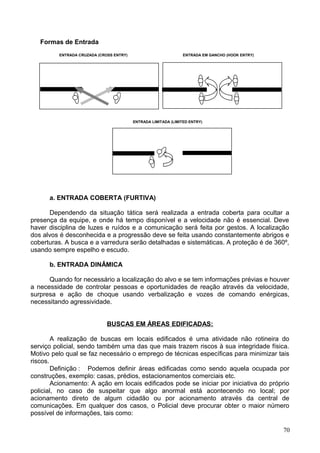 Formas de Entrada
ENTRADA CRUZADA (CROSS ENTRY) ENTRADA EM GANCHO (HOOK ENTRY)
ENTRADA LIMITADA (LIMITED ENTRY)
a. ENTRADA COBERTA (FURTIVA)
Dependendo da situação tática será realizada a entrada coberta para ocultar a
presença da equipe, e onde há tempo disponível e a velocidade não é essencial. Deve
haver disciplina de luzes e ruídos e a comunicação será feita por gestos. A localização
dos alvos é desconhecida e a progressão deve se feita usando constantemente abrigos e
coberturas. A busca e a varredura serão detalhadas e sistemáticas. A proteção é de 360º,
usando sempre espelho e escudo.
b. ENTRADA DINÂMICA
Quando for necessário a localização do alvo e se tem informações prévias e houver
a necessidade de controlar pessoas e oportunidades de reação através da velocidade,
surpresa e ação de choque usando verbalização e vozes de comando enérgicas,
necessitando agressividade.
BUSCAS EM ÁREAS EDIFICADAS:
A realização de buscas em locais edificados é uma atividade não rotineira do
serviço policial, sendo também uma das que mais trazem riscos à sua integridade física.
Motivo pelo qual se faz necessário o emprego de técnicas específicas para minimizar tais
riscos.
Definição : Podemos definir áreas edificadas como sendo aquela ocupada por
construções, exemplo: casas, prédios, estacionamentos comerciais etc.
Acionamento: A ação em locais edificados pode se iniciar por iniciativa do próprio
policial, no caso de suspeitar que algo anormal está acontecendo no local; por
acionamento direto de algum cidadão ou por acionamento através da central de
comunicações. Em qualquer dos casos, o Policial deve procurar obter o maior número
possível de informações, tais como:
70
 