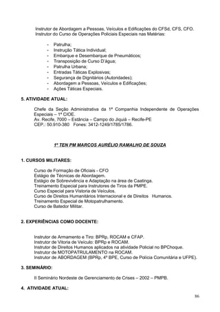 Instrutor de Abordagem a Pessoas, Veículos e Edificações do CFSd, CFS, CFO.
Instrutor do Curso de Operações Policiais Especiais nas Matérias:
- Patrulha;
- Instrução Tática Individual;
- Embarque e Desembarque de Pneumáticos;
- Transposição de Curso D’água;
- Patrulha Urbana;
- Entradas Táticas Explosivas;
- Segurança de Dignitários (Autoridades);
- Abordagem a Pessoas, Veículos e Edificações;
- Ações Táticas Especiais.
5. ATIVIDADE ATUAL:
Chefe da Seção Administrativa da 1ª Companhia Independente de Operações
Especiais – 1ª CIOE.
Av. Recife, 7000 – Estância – Campo do Jiquiá – Recife-PE
CEP.: 50.910-380 Fones: 3412-1249/1785/1786.
1º TEN PM MARCOS AURÉLIO RAMALHO DE SOUZA
1. CURSOS MILITARES:
Curso de Formação de Oficiais - CFO
Estágio de Técnicas de Abordagem.
Estágio de Sobrevivência e Adaptação na área de Caatinga.
Treinamento Especial para Instrutores de Tiros da PMPE.
Curso Especial para Vistoria de Veículos.
Curso de Direitos Humanitários Internacional e de Direitos Humanos.
Treinamento Especial de Motopatrulhamento.
Curso de Batedor Militar.
2. EXPERIÊNCIAS COMO DOCENTE:
Instrutor de Armamento e Tiro: BPRp, ROCAM e CFAP.
Instrutor de Vitoria de Veículo: BPRp e ROCAM.
Instrutor de Direitos Humanos aplicados na atividade Policial no BPChoque.
Instrutor de MOTOPATRULAMENTO na ROCAM.
Instrutor de ABORDAGEM (BPRp, 4º BPE, Curso de Polícia Comunitária e UFPE).
3. SEMINÁRIO:
II Seminário Nordeste de Gerenciamento de Crises – 2002 – PMPB.
4. ATIVIDADE ATUAL:
86
 