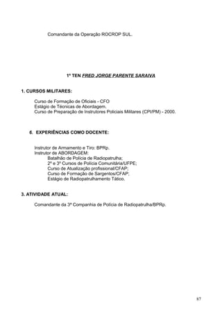 Comandante da Operação ROCROP SUL.
1º TEN FRED JORGE PARENTE SARAIVA
1. CURSOS MILITARES:
Curso de Formação de Oficiais - CFO
Estágio de Técnicas de Abordagem.
Curso de Preparação de Instrutores Policiais Militares (CPI/PM) - 2000.
6. EXPERIÊNCIAS COMO DOCENTE:
Instrutor de Armamento e Tiro: BPRp.
Instrutor de ABORDAGEM:
Batalhão de Polícia de Radiopatrulha;
2º e 3º Cursos de Polícia Comunitária/UFPE;
Curso de Atualização profissional/CFAP;
Curso de Formação de Sargentos/CFAP;
Estágio de Radiopatrulhamento Tático.
3. ATIVIDADE ATUAL:
Comandante da 3ª Companhia de Polícia de Radiopatrulha/BPRp.
87
 