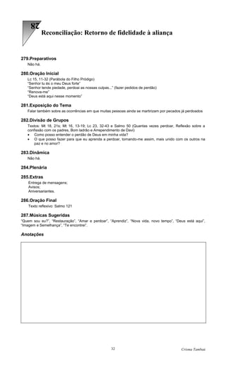 28
             Reconciliação: Retorno de fidelidade à aliança


279.Preparativos
   Não há.

280.Oração Inicial
   Lc 15, 11-32 (Parábola do Filho Pródigo)
   “Senhor tu és o meu Deus forte”
   “Senhor tende piedade, perdoai as nossas culpas...” (fazer pedidos de perdão)
   “Renova-me”
   “Deus está aqui nesse momento”

281.Exposição do Tema
   Falar também sobre as ocorrências em que muitas pessoas ainda se martirizam por pecados já perdoados

282.Divisão de Grupos
   Textos: Mt 18, 21s; Mt 16, 13-19; Lc 23, 32-43 e Salmo 50 (Quantas vezes perdoar, Reflexão sobre a
   confissão com os padres, Bom ladrão e Arrependimento de Davi)
   • Como posso entender o perdão de Deus em minha vida?
   • O que posso fazer para que eu aprenda a perdoar, tornando-me assim, mais unido com os outros na
       paz e no amor?

283.Dinâmica
   Não há.

284.Plenária

285.Extras
    Entrega de mensagens;
    Avisos;
    Aniversariantes.

286.Oração Final
    Texto reflexivo: Salmo 121

287.Músicas Sugeridas
“Quem sou eu?”, “Restauração”, “Amar e perdoar”, “Aprendiz”, “Nova vida, novo tempo”, “Deus está aqui”,
“Imagem e Semelhança”, “Te encontrei”.

Anotações




                                                    32                                    Crisma Tambaú
 