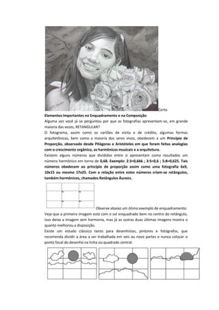 Certo
Elementos Importantes no Enquadramento e na Composição
Alguma vez você já se perguntou por que as fotografias apresentam-se, em grande
maioria das vezes, RETANGULAR?
O fotograma, assim como os cartões de visita e de crédito, algumas formas
arquitetônicas, bem como a maioria dos seres vivos, obedecem a um Princípio de
Proporção, observado desde Pitágoras e Aristóteles em que foram feitas analogias
com o crescimento orgânico, as harmônicas musicais e a arquitetura.
Existem alguns números que divididos entre si apresentam como resultados um
número harmônico em torno de 0,68. Exemplo: 2:3=0,666 ; 3:5=0,6 ; 5:8=0,625. Tais
números obedecem ao princípio de proporção assim como uma fotografia 6x9,
10x15 ou mesmo 17x25. Com a relação entre estes números criam-se retângulos,
também harmônicos, chamados Retângulos Áureos.
Observe abaixo um ótimo exemplo de enquadramento:
Veja que a primeira imagem está com o sol enquadrado bem no centro do retângulo,
isso deixa a imagem sem harmonia, mas já as outras duas últimas imagens mostra o
quanto melhorou a disposição.
Existe um estudo clássico tanto para desenhistas, pintores e fotógrafos, que
recomenda dividir a área a ser trabalhada em seis ou nove partes e nunca colocar o
ponto focal do desenho na linha ou quadrado central.
 