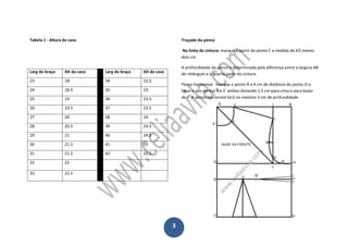 3
Tabela 1 - Altura da cava Traçado da pence
Na linha da cintura: marque a partir do ponto C a medida de EO menos
dois cm.
A profundidade da pence é determinada pela diferença entre a largura AB
do retângulo e a quarta parte da cintura.
Pence horizontal: marque o ponto R a 4 cm de distância do ponto O e
ligue-o aos pontos S e S’ ambos distando 1,5 cm para cima e para baixo
de F. A pence horizontal terá no máximo 3 cm de profundidade.
Larg do braço Alt da cava Larg do braço Alt da cava
23 18 34 22.5
24 18.5 35 23
25 19 36 23.5
26 19.5 37 23.5
27 20 38 24
28 20.5 39 24.5
29 21 40 24.5
30 21.5 41 25
31 21.5 42 25.5
32 22
33 22.5
 