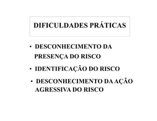 DIFICULDADES PRÁTICAS 
• DESCONHECIMENTO DA 
PRESENÇA DO RISCO 
• IDENTIFICAÇÃO DO RISCO 
• DESCONHECIMENTO DA AÇÃO 
AGRESSIVA DO RISCO 
 