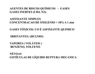 AGENTES DE RISCOS QUÍMICOS - GASES 
GASES INERTES (CH4, N2): 
ASFIXIANTE SIMPLES 
CONCENTRACAO DE OXIGENIO > 18% A 1 atm 
GASES TÓXICOS: CO É ASFIXIANTE QUIMICO 
IIRRRRIITTAANNTTEESS:: ((HHCCll,,NNHH33)) 
VAPORES ( VOLÁTEIS ) 
BENZENO, TOLUENO 
NÉVOAS 
GOTÍCULAS DE LÍQUIDO RUPTURA MECANICA 
 
