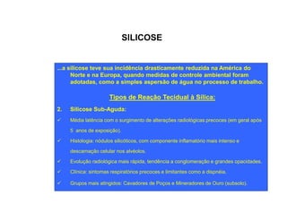 SILICOSE 
...a silicose teve sua incidência drasticamente reduzida na América do 
Norte e na Europa, quando medidas de controle ambiental foram 
adotadas, como a simples aspersão de água no processo de trabalho. 
Tipos de Reação Tecidual à Sílica: 
2. SSiilliiccoossee SSuubb--AAgguuddaa:: 
ü Média latência com o surgimento de alterações radiológicas precoces (em geral após 
5 anos de exposição). 
ü Histologia: nódulos silicóticos, com componente inflamatório mais intenso e 
descamação celular nos alvéolos. 
ü Evolução radiológica mais rápida, tendência a conglomeração e grandes opacidades. 
ü Clínica: sintomas respiratórios precoces e limitantes como a dispnéia. 
ü Grupos mais atingidos: Cavadores de Poços e Mineradores de Ouro (subsolo). 
 