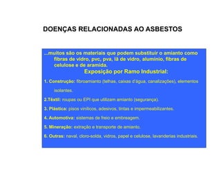 DOENÇAS RELACIONADAS AO ASBESTOS 
...muitos são os materiais que podem substituir o amianto como 
fibras de vidro, pvc, pva, lã de vidro, alumínio, fibras de 
celulose e de aramida. 
Exposição por Ramo Industrial: 
1. Construção: fibroamianto (telhas, caixas d’água, canalizações), elementos 
isolantes. 
2.Têxtil: roupas ou EPI que utilizam amianto (segurança). 
3. Plástica: pisos vinílicos, adesivos, tintas e impermeabilizantes. 
4. Automotiva: sistemas de freio e embreagem. 
5. Mineração: extração e transporte de amianto. 
6. Outras: naval, cloro-solda, vidros, papel e celulose, lavanderias industriais. 
 