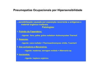Pneumopatias Ocupacionais por Hipersensibilidade 
...sensibilização causada por exposição recorrente a antígenos e 
material orgânico inaláveis. 
Patologias: 
1. Pulmão do Fazendeiro: 
- Agente: feno, palha, grãos mofados= Actinomycetes Thermof. 
2. Bagaçose: 
- Agente: cana mofada = Thermoactinomyces viridis, T.sacharii 
3. Dos Lenhadores e Marceneiros: 
- Agente: madeiras, serragem mofada = Alternania sp. 
4. Isocianatos: 
- Agente: hapteno orgânico. 
 