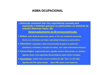 ASMA OCUPACIONAL 
...obstrução reversível das vias respiratórias causada pela 
exposição a inalantes gasosos ou particulados no ambiente de 
trabalho (Newman-Taylor, 80). 
Desencadeamento da Broncoconstricção: 
1. Reflexa: ação direta de partículas, gases, ar frio nos receptores de parede. 
ü Ocorre em indivíduos com hiper-reatividade brônquica ou asma prévia. 
2. Inflamatória: exposição a altas concentrações de gases ou partículas. 
ü Episódicos e limitados, evolução em meses, com hiper-reatividade brônquica 
3. Farmacológica: organofosforados, algodão, tolueno diisocianato, ac. plicático 
ü Agentes atuam como agonistas farmacológicos (ação similar a drogas). 
4. Imunológica: reação mais comum (mediada por IgE: Tipo I, II e III e IgG) , 
ü Agentes Alto PM: ações diretas Baixo PM: atuam como haptenos. 
 